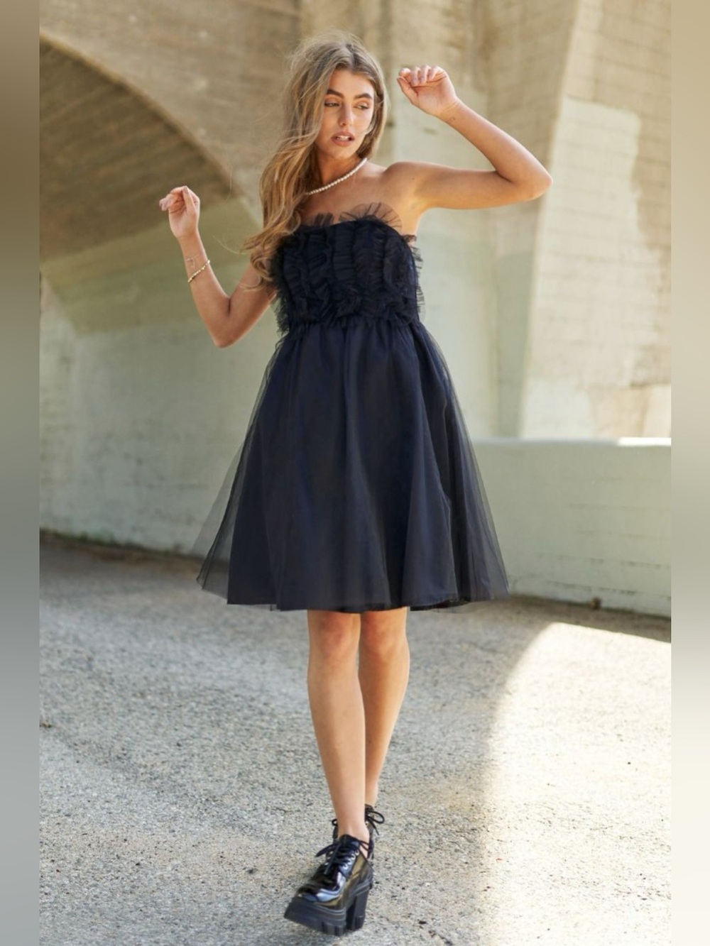 J.NNA Mesh Ruffle Tube Top Swing Dress